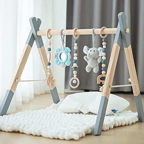 Foldable Wooden Activity Gym Hanging Bar with 5 Gym Baby Toys