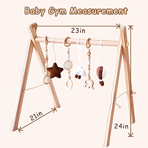Avrsol Wooden Foldable Baby Play Gym with Mat - Hanging Bar with 5 Gym Baby Toys