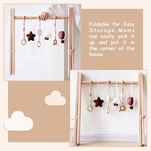Avrsol Wooden Foldable Baby Play Gym with Mat - Hanging Bar with 5 Gym Baby Toys