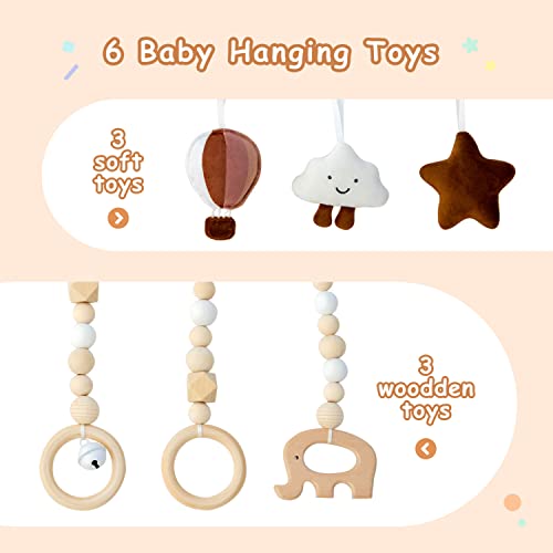 Avrsol Wooden Foldable Baby Play Gym with Mat - Hanging Bar with 5 Gym Baby Toys