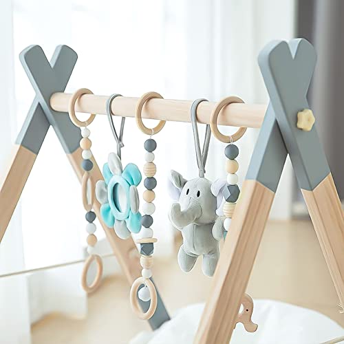 Foldable Wooden Activity Gym Hanging Bar with 5 Gym Baby Toys