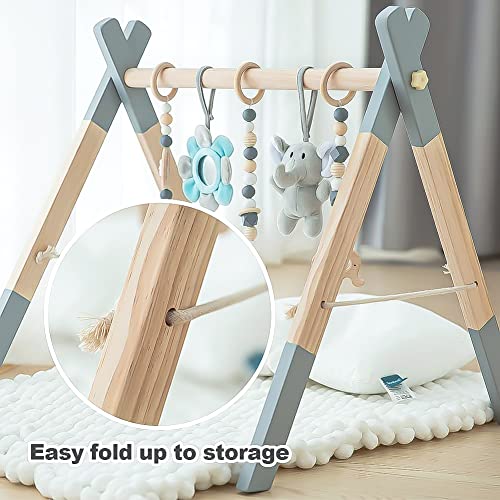 Foldable Wooden Activity Gym Hanging Bar with 5 Gym Baby Toys