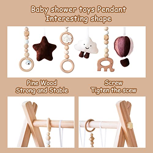 Avrsol Wooden Foldable Baby Play Gym with Mat - Hanging Bar with 5 Gym Baby Toys
