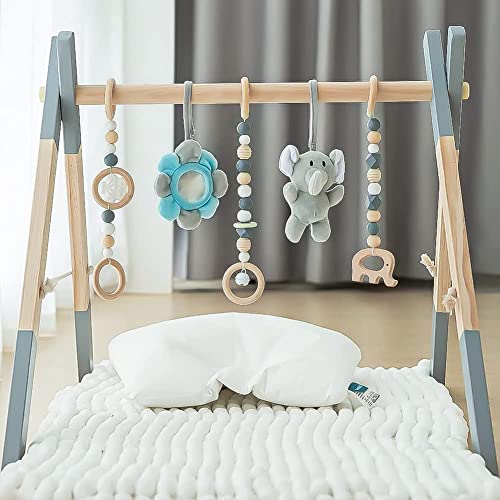 Foldable Wooden Activity Gym Hanging Bar with 5 Gym Baby Toys