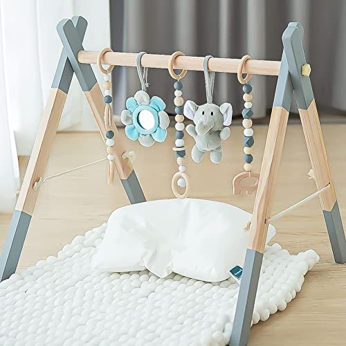 Foldable Wooden Activity Gym Hanging Bar with 5 Gym Baby Toys