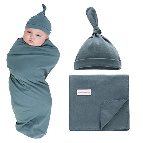 Miracle Baby 100% Cotton Knitted Baby Swaddle Blanket with Hat Set - Dark Green