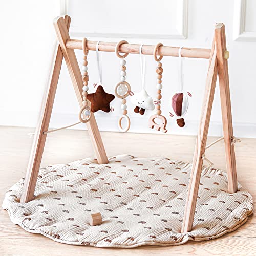 Avrsol Wooden Foldable Baby Play Gym with Mat - Hanging Bar with 5 Gym Baby Toys
