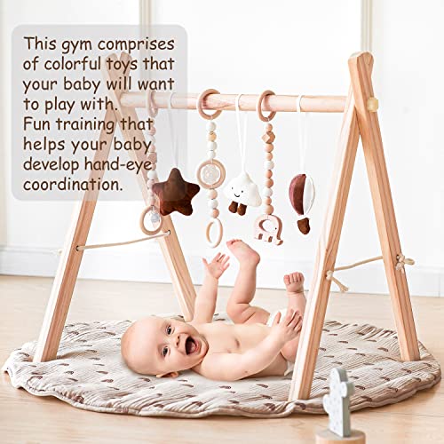Wooden Baby Play Gym with Mat, Foldable Baby Play Gym Frame Activity Gym  Hanging Bar with 5 Gym Baby Toys Rainbow Playmats Gift for Newborn Baby